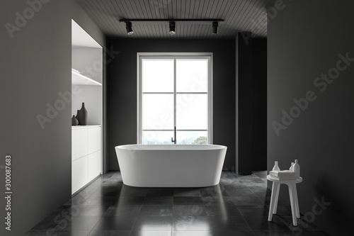 Luxury gray bathroom with tub and cabinet