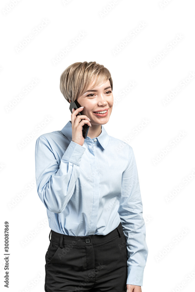Smiling Asian businesswoman on smartphone Smiling Asian businesswoman on smartphone