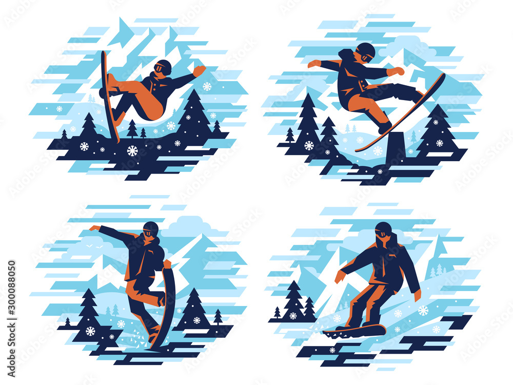 Obraz premium Snowboarding freeride, jibbing, buttering and freestyle vector modern illustration design on a white background