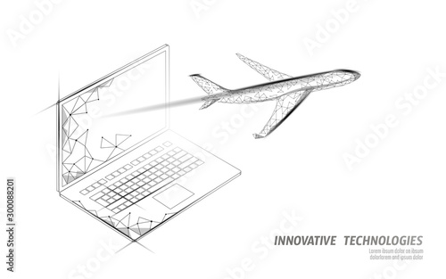 Airplane flying from laptop screen. Flight up tourism journey symbol. Airline flight reservation concept speed travel. Mobile app online store, technology banner template 3D vector illustration