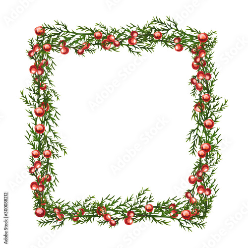 Watercolor illustration Christmas wreath of holly green twig with red berries. Frame isolated on white background. New Year holiday celebration.