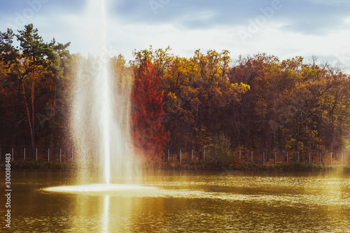 fountain spraying water against the background of autumn forest