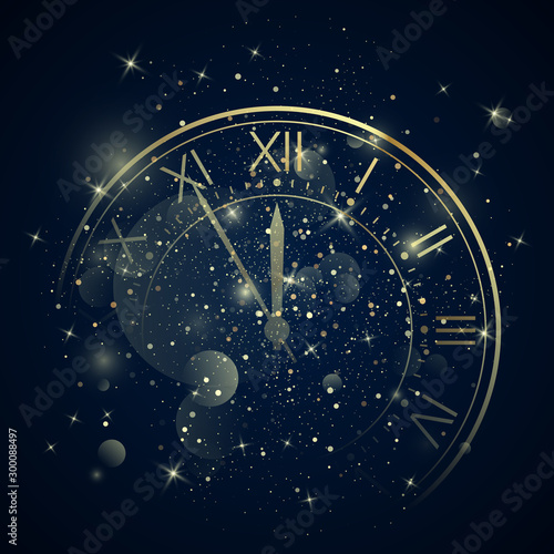 Golden Clock Dial with Roman Numbers on Magic Christmas Glitter Background. New Year Countdown and chimes. Five minutes before twelve. Vector