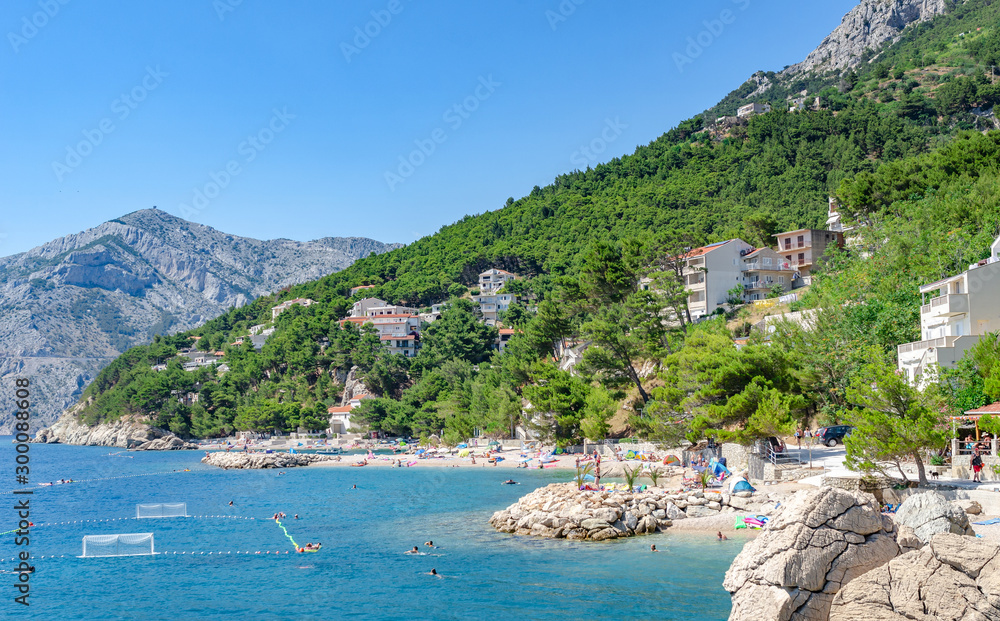 Adriatic Sea beach in the resort town of Brela, Croatia.