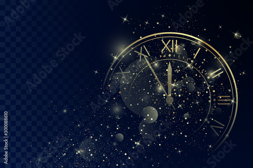 Golden Clock Dial with Roman Numbers on Magic Christmas Glitter Background. New Year Countdown and chimes. Five minutes before twelve. Vector