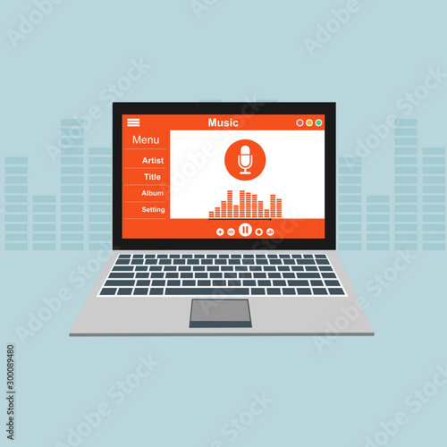 Minimalist Music Player UI app design, vector illustration laptop screen