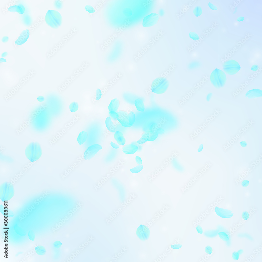 Turquoise flower petals falling down. Resplendent 