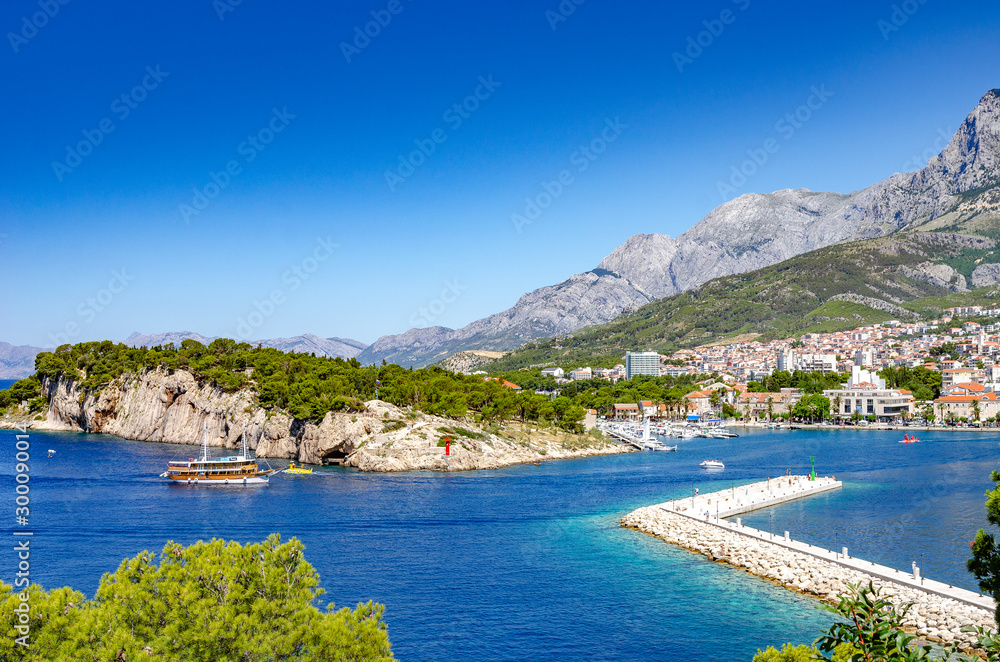 View of the resort town of Makarska on a summer day, in Makarska Riviera, Croatia.