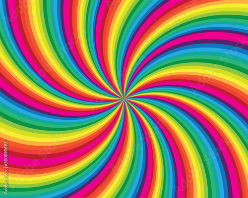 Spiral and swirl motion twisting circles design. Colorful cyclone sweet candy radial pattern background. Vortex starburst spiral swirl. Helix rotation rays. Vector rainbow stripes. sun light beams.
