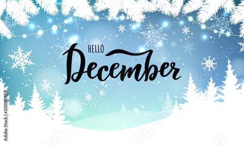 December word. Hand lettering typography with snowflakes. Vector illustration as poster, postcard, greeting card, invitation template. Concept February advertising