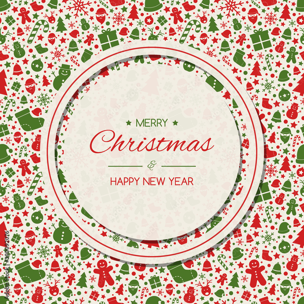 Christmas greetings on background with ornaments. Vector