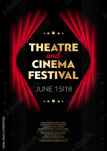 Vertical theatre and cinema festival background with red curtains, graphic elements and text. 