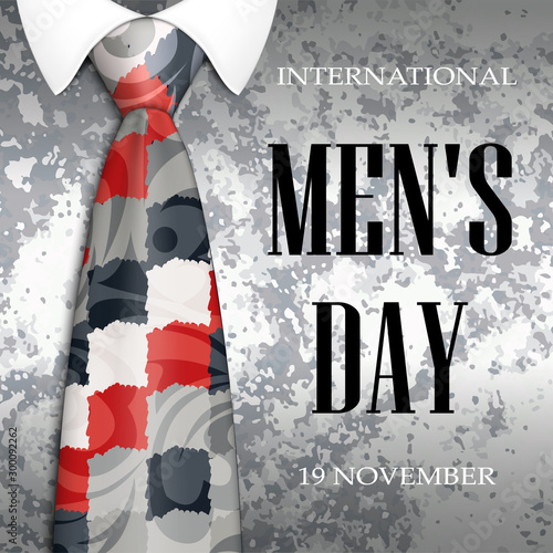 Banner International Men s Day. Monochrome classic tie with a pattern on a stone gray background. Congratulations on the holiday. Vector illustration.