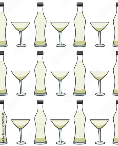 Bottle and glass of martini seamless pattern