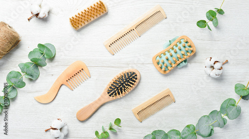Wooden hair brushes. Hair Care. Makeup.