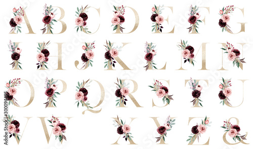 Floral gold alphabet, letters set with watercolor flowers roses and leaf. Monogram initials perfectly for wedding invitation, greeting card, logo, poster and other. Holiday design hand painting. photo