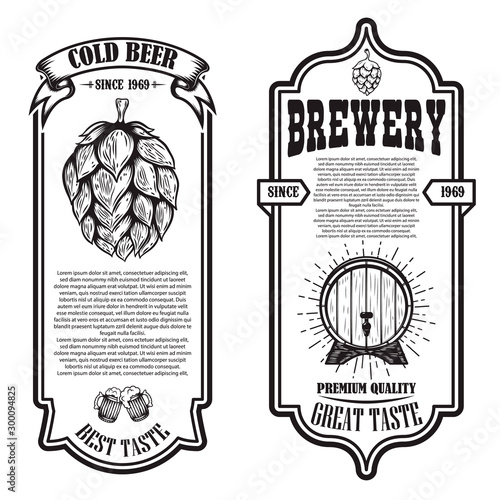 Set of beer flyers with hop illustrations. Design element for poster, banner, sign, emblem. Vector illustration