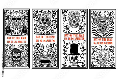 Set of Day of the dead (Dia de los muertos) flyer templates. Design element for poster, card, banner. Vector illustration