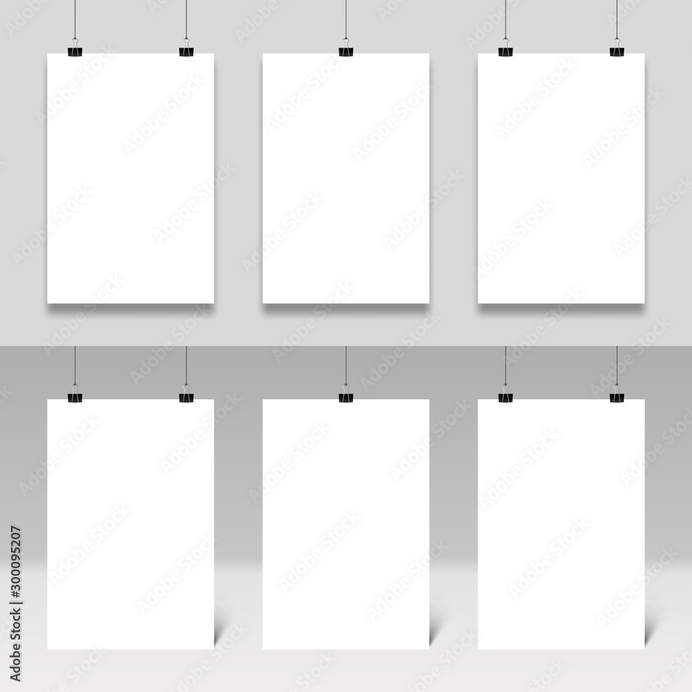 Poster mockup hanging on paperclips. Realistic posters frames template vector set. White paper boards with binders. Stationery accessories, office items. Empty placards and secretary devices Poster mockup hanging on paperclips. Realistic posters frames template vector set. White paper boards with binders. Stationery accessories, office items. Empty placards and secretary devices