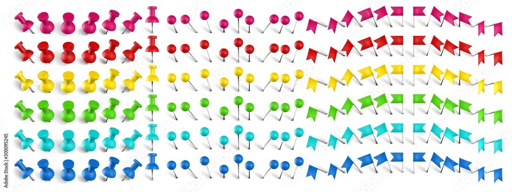 © WinWin - Colorful pushpin, pin flag and thumbtack. Color location mark pin, red flags and realistic pins vector set. Stationery items. Plastic paperwork and sewing accessories. Collection of needles © WinWin - Colorful pushpin, pin flag and thumbtack. Color location mark pin, red flags and realistic pins vector set. Stationery items. Plastic paperwork and sewing accessories. Collection of needles