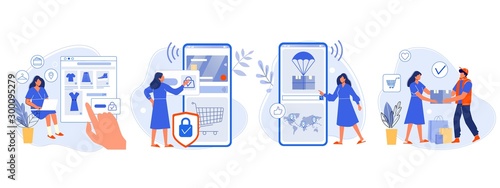 Online shopping. Buyer picked goods, paid for mobile banking, tracking parcel package and customer delivery. Online order flat vector illustration. Shopping with four steps. E purchase, internet store