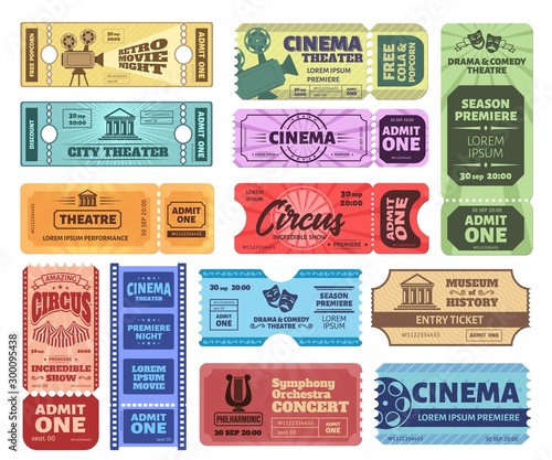 Vintage tickets. Admit one ticket on circus show, cinema movie night admission coupon and theatre tickets vector set. Realistic retro colorful vouchers. Control pass, bright event invitations