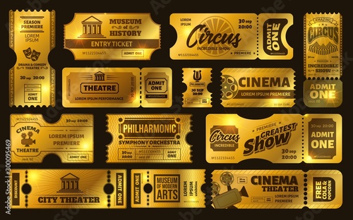 Golden tickets. Gold circus show ticket, premium cinema movie night coupon and theatre tickets vector set. Shiny vouchers, invitations. Limited tickets with tear off elements. Vip pass control
