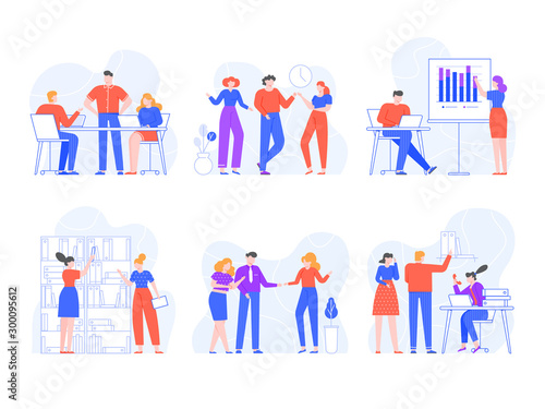 People in office. Training, presentations, meeting and brainstorming, office workers in different business situation vector set. Coworkers chatting at workplace. Colleagues working on business project