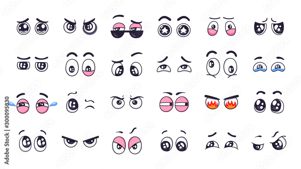 Cartoon eyes. Comic funny expression eyes with various emotions, crying eyes,  laughing, angry and cute winking eyes isolated vector illustration set.  Expressive vision. Staring, looking Stock Vector | Adobe Stock