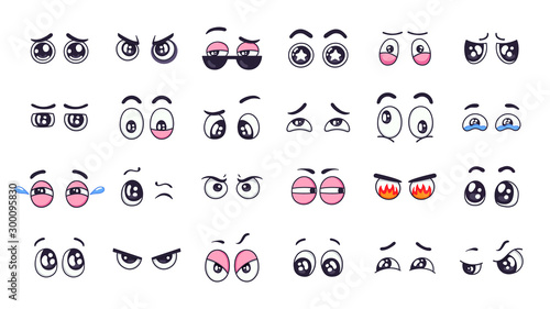 Cartoon eyes. Comic funny expression eyes with various emotions, crying eyes, laughing, angry and cute winking eyes isolated vector illustration set. Expressive vision. Staring, looking