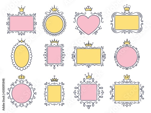 Cute princess frames. Pink mirror frame with princesses crown, majestic hand drawn text borders and royal doodle frame vector set. Collection of maiden boards with victorian diadems and curly elements