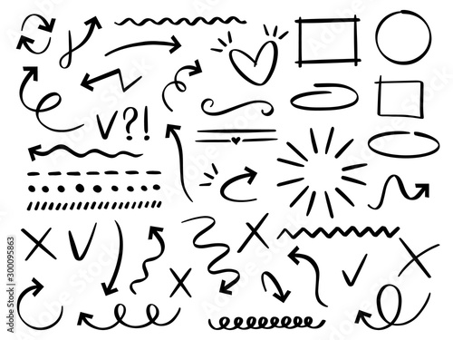 Sketch arrows and frames. Hand drawn arrow, doodle divider and circle, oval and square frame vector set. Underline and navigation symbols. Dotted and curvy lines. Scribble elements, cursors photo