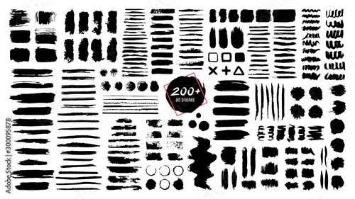 Ink textured brush. Grunge strokes and dirty texture paint splatters. Artistic brush blots, frames and text boxes isolated vector set. Black swatches, stains and smears. Paintbrush, abstract traces photo