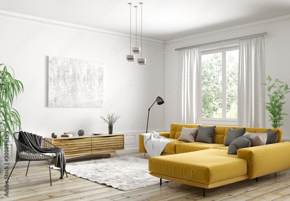 Plakat Wewnętrzny projekt nowożytny skandynawski mieszkanie, żywy pokoju 3d rendering