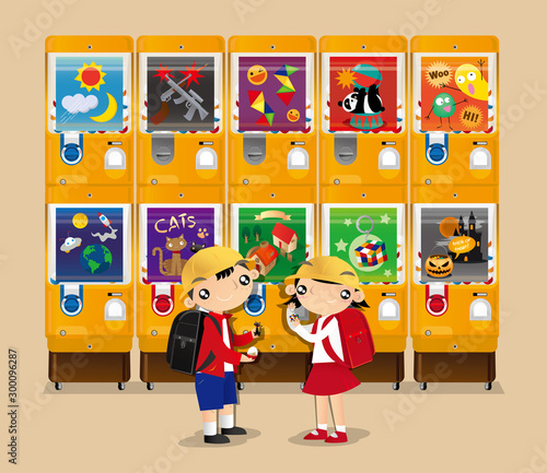 Two Japanese kids showing their newly collects obtained from capsule toy vending machines