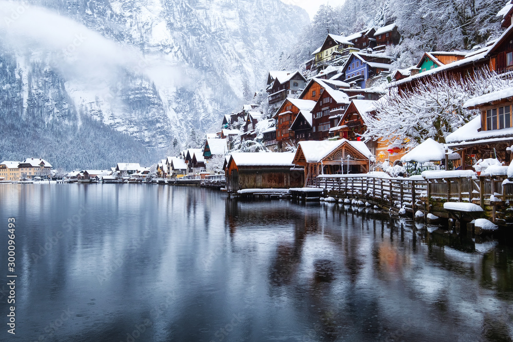 Hallstat village in the Austria. Beautiful village in the mountain valley near lake. Mountains landscape and old town. Travel - Austria