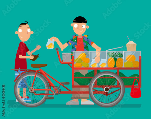 Vector illustration of a bicycle fruit hawker in Thailand.