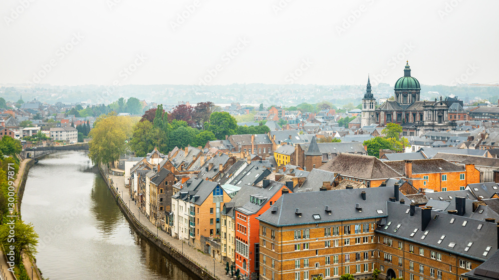 Old houses rooftop panorama with St Aubin's Cathedral and Sambra river in the historical city center of Namur, Wallonia, Belgium