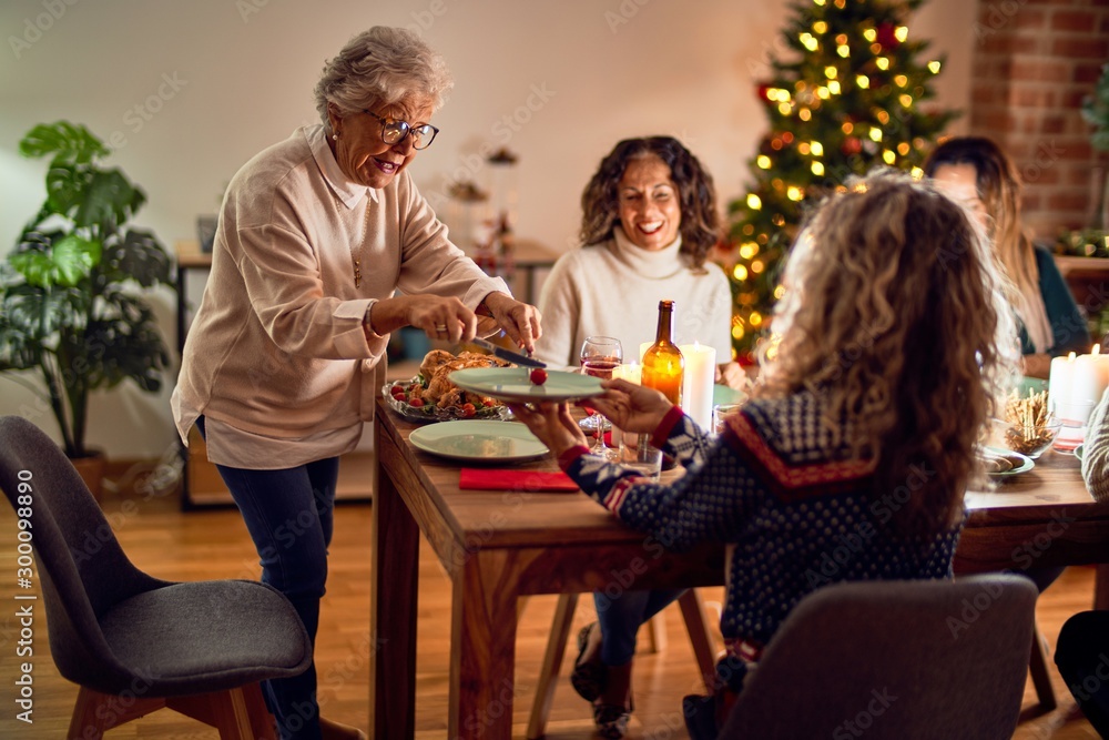 Beautiful group of women smiling happy and confident. Carving roasted turkey celebrating christmas at home Beautiful group of women smiling happy and confident. Carving roasted turkey celebrating christmas at home