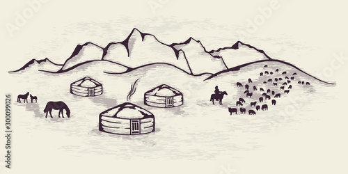 Sketch on the topic of life in Central Asia. Nomads life, yurts in the mountains, cattle graze.