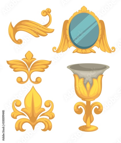 Baroque epoch gold decor mirror and goblet isolated objects