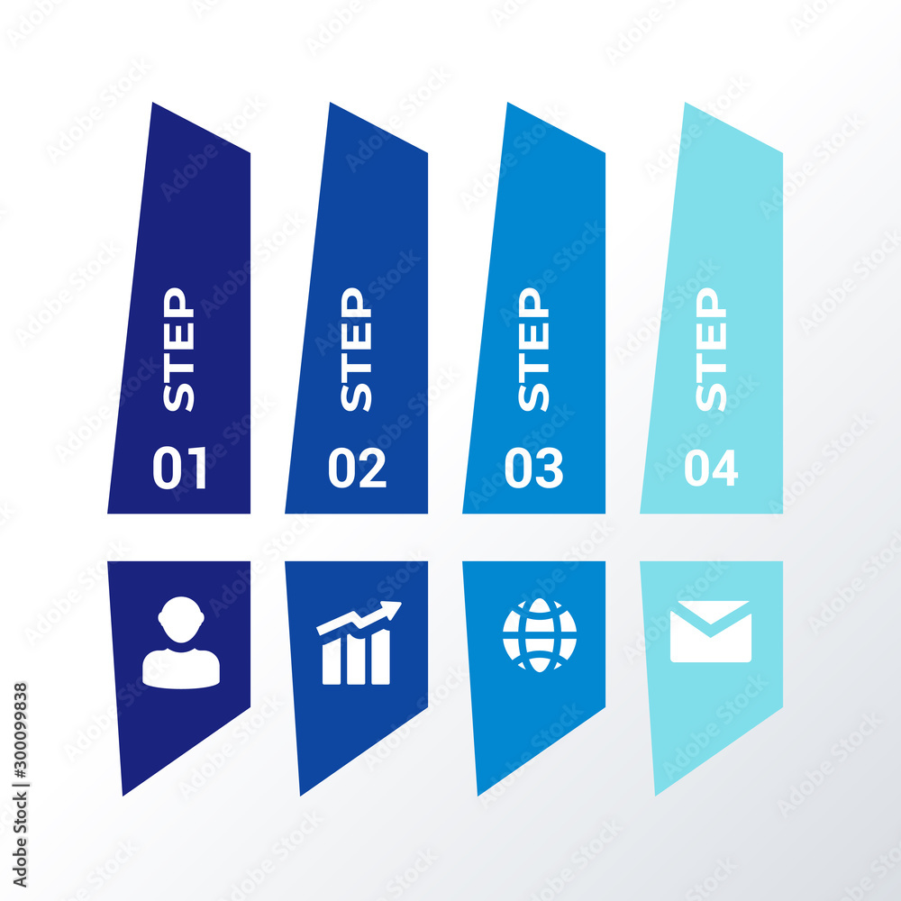 Blue vertical shapes infographics template design. Business concept infograph with 4 options, steps or processes. Vector visualization can be used for workflow layout, diagram, annual report, web Blue vertical shapes infographics template design. Business concept infograph with 4 options, steps or processes. Vector visualization can be used for workflow layout, diagram, annual report, web