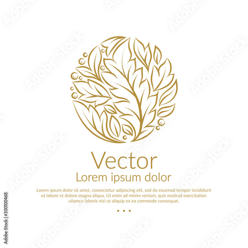 Fototapeta Naklejka Na Ścianę i Meble -  Golden linear leaf emblem. Elegant, classic vector. Can be used for jewelry, beauty and fashion industry. Great for logo, monogram, invitation, flyer, menu, brochure, background, or any desired idea.