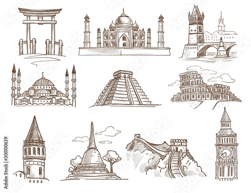 World landmarks famous buildings and architecture isolated sketches