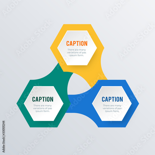 Three hexagons infographics template design. Business concept infograph with 3 options, steps or processes. Vector visualization can be used for workflow layout, diagram, annual report, web