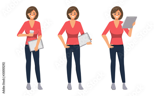 Character business woman pose set. Office worker human resource. Businesswoman holding a clipboard.