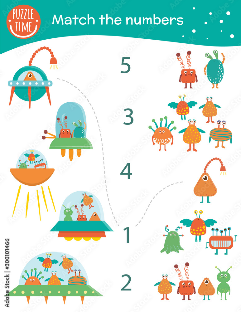 Matching game with aliens and UFOs. Space math activity for preschool children. Counting worksheet. Educational riddle with cute funny characters.. Matching game with aliens and UFOs. Space math activity for preschool children. Counting worksheet. Educational riddle with cute funny characters..