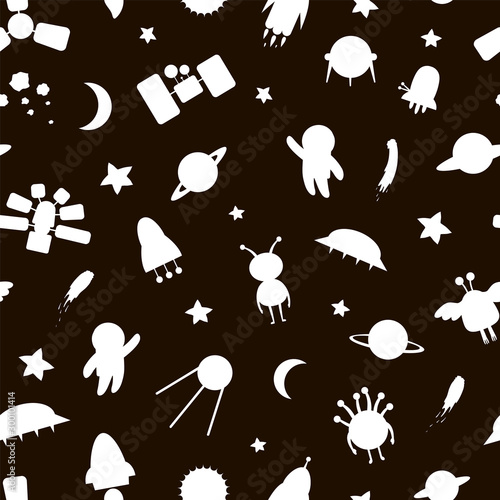 Vector seamless pattern of space white silhouettes. Black and white repeat background with planet, star, spaceship, satellite, moon, sun, asteroid, astronaut, alien, ufo. Line drawing for children.