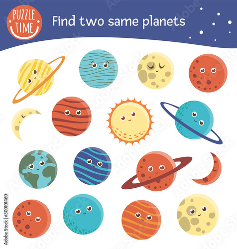 Find two same planets. Space matching activity for preschool children. Funny cosmic game for kids. Logical quiz worksheet..