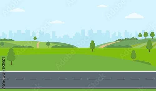 Straight empty road through the countryside on city background. Green hills, blue sky, meadow. Summer landscape vector illustration.